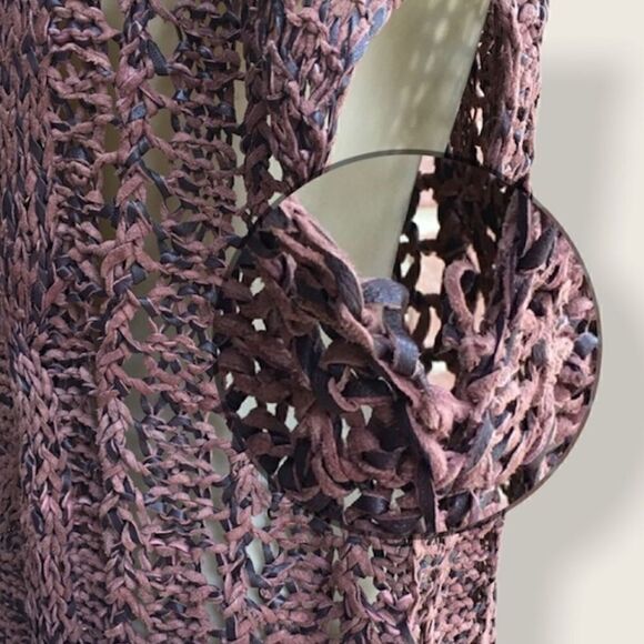 Vintage Boho Hand Knit Genuine Leather Cinch Hem Pullover Sleeveless Top - Picture 12 of 12